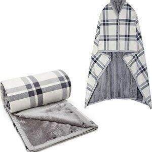 Fleece Gray and White Plaid Wearable Blanket / Poncho Throw with Buttons